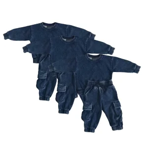 Kids Vintage Acid Wash Boys Girls Unisex Cotton Classic Long Sleeve T-shirt and Cargo Pants Casual Set