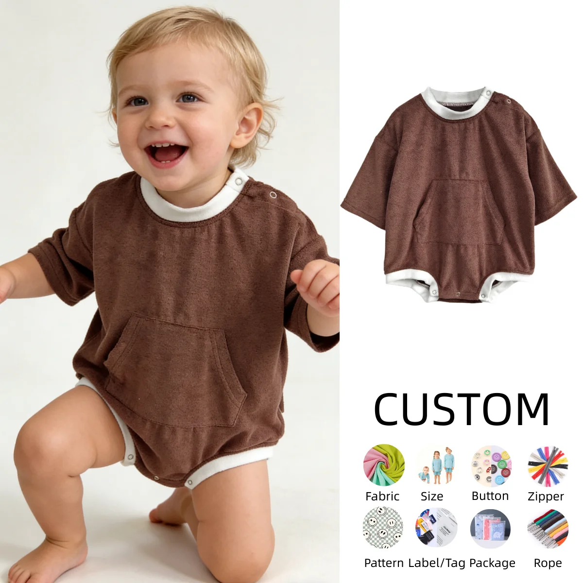 OEM Baby Clothing Bodysuits Baby Announcement, Toddler Boys Girls Terry Cloth Romper Short Sleeve Jumpsuit Outfits