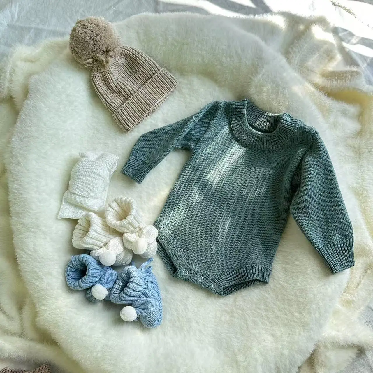 Custom Cozy Unisex Baby 100% Cotton Knitted 3 Pieces Set Long Sleeve Button Romper Newborn Baby Gift - Image 3