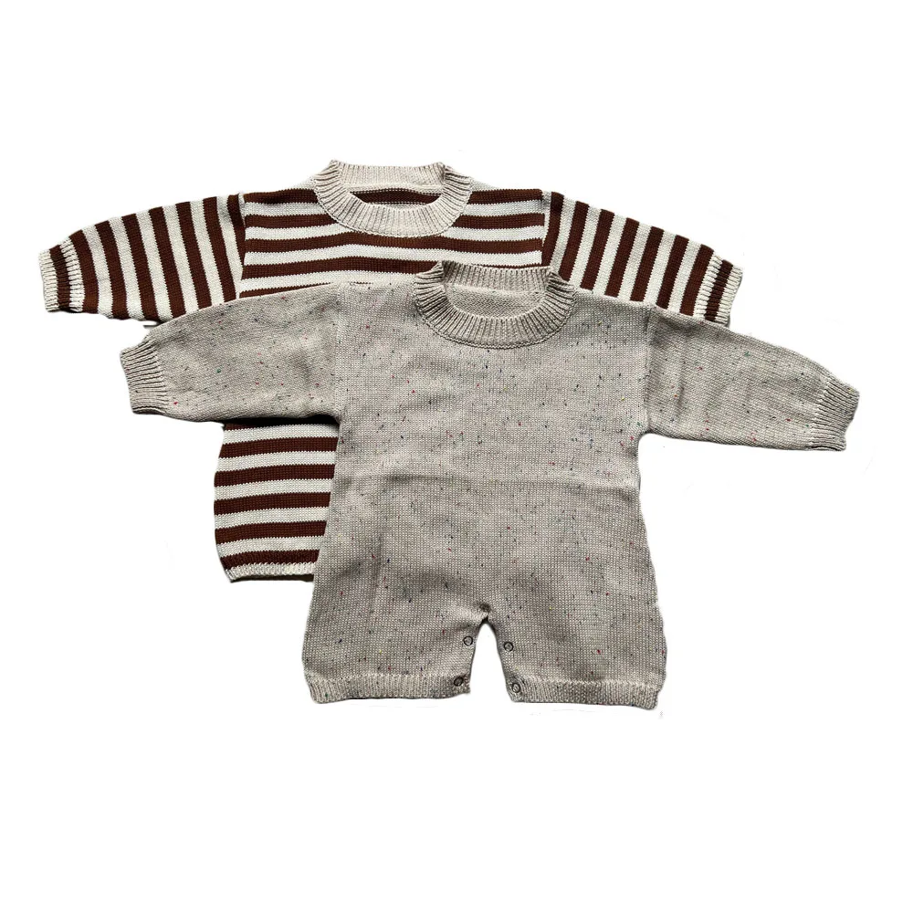 Wholesale Neutral Knitted Cotton Snap Button Long Sleeve Unisex Brown Big Stripe Baby Sweater Romper for Spring - Image 3