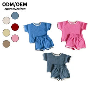 Custom Logo Private Label Casual Solid Waffle Cotton Short Sleeve T Shirt Shorts Kids Summer Set