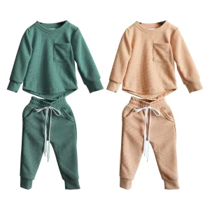 Custom Waffle Jogger Set Long Sleeve Curved Hem Shirt Baby Kids Waffle Tracksuit Clothes Set