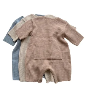 New Arrival Waffle Cotton Solid Color Long Sleeve Unisex Baby Bubble Romper for Autumn