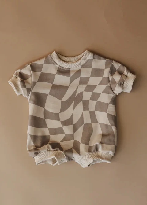 OEM Summer Unisex Checkboard lightning Short Sleeve Romper 95% Cotton 5% Spandex French Terry Jumpsuits - Image 6