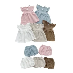 Custom Muslin Baby Girl Dress Shirt and Shorts Clothes Set Summer Cute Soft 100% Cotton Baby Girl Clothes
