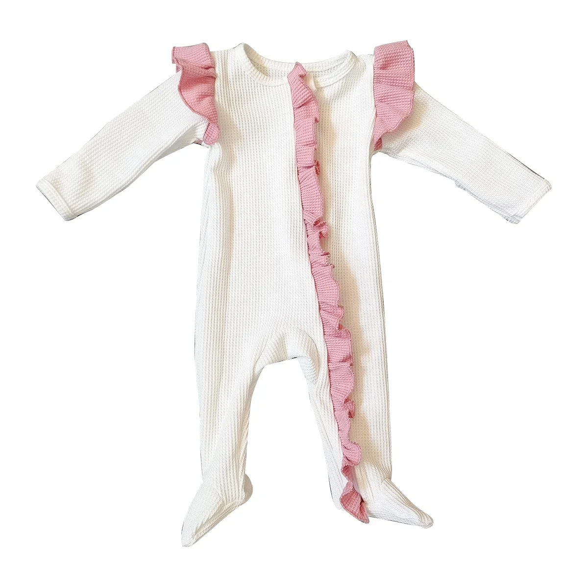 Custom Baby Ruffle Romper Waffle Knit Cotton Soft and Elastic Newborn Baby Girl Gift Pajamas Romper - Image 6