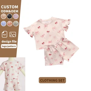 Wholesale Children Clothes Summer Vibe Bright Custom Printing Bow Top Matching Shorts Two Pieces Girls Clothes Sets