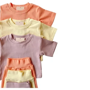 Custom Baby Clothes Sets Solid Color Short French Terry 2 Pcs Biker Play Outfit Bright Summer Sets
