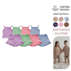 Fashion Colorful Kids Clothes Solid Color Rib Cotton Little Girl Shorts 2 Piece Outfits Wholesale Clothes Set