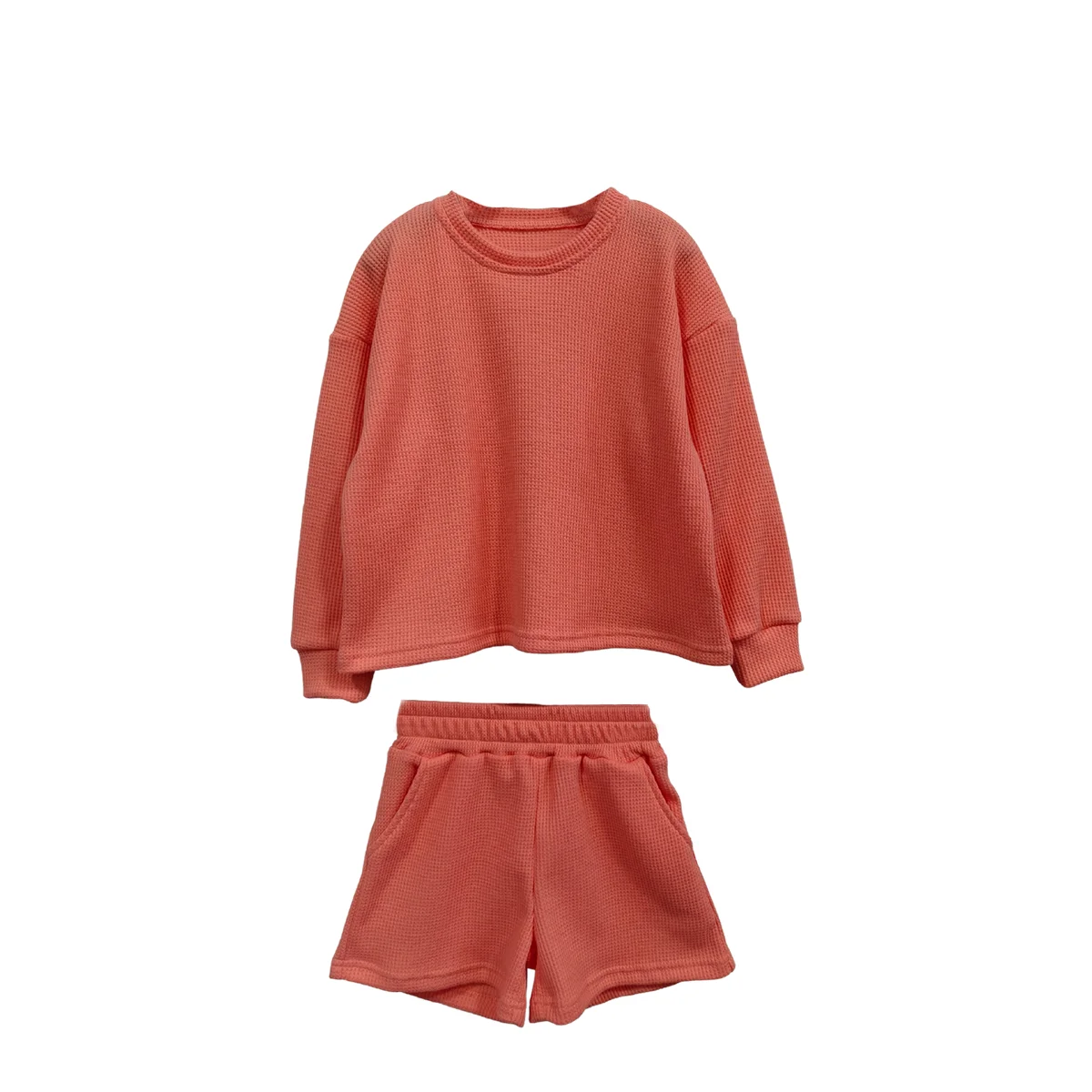 Customizable Trendy Parent-Child Waffle Outfits Soft Close-Fitting Clothing for Family Matching with Shorts Paired - Image 3