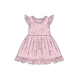 New Design Jersey Cotton pink Bow Ruffle Sleeve Cute Baby Girls Dresses for Summer