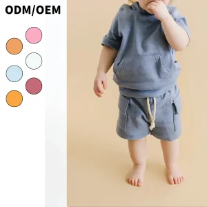 OEM Summer Baby Kids Unisex Hooded Short Sleeve Solid Color Sweatershirt and Shorts Pullover Casual Tracksuits Set