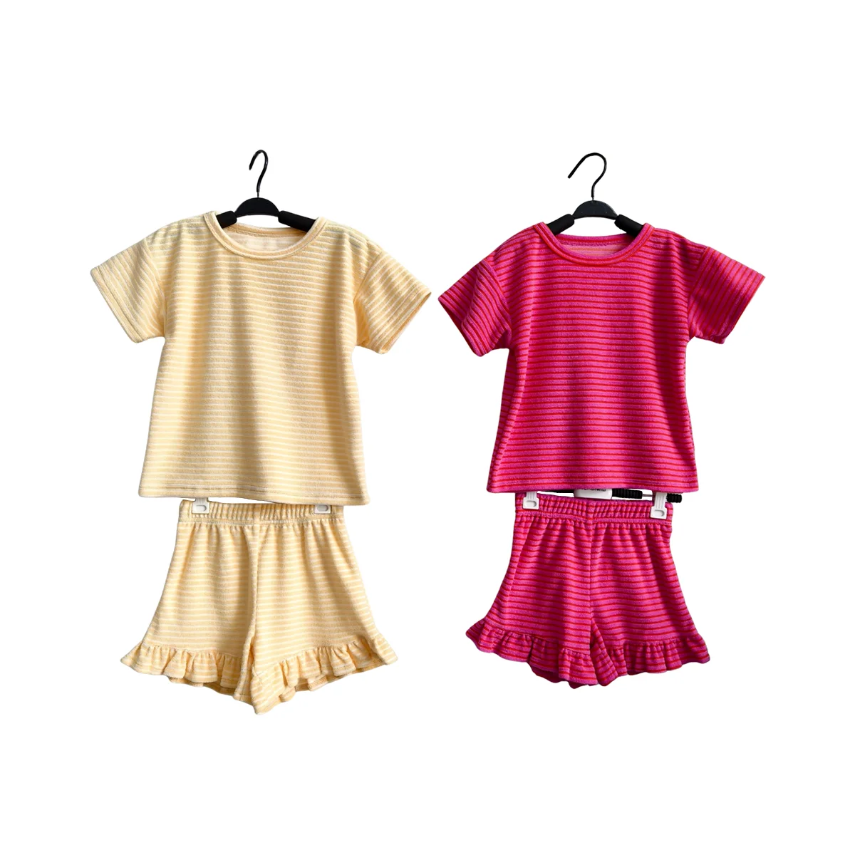 Girls Terry Cloth Striped Set Short Sleeve Ruffle Hem Spring Summer Kids Outdoor Set - Image 3
