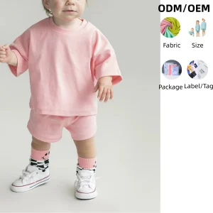 Custom Solid Color Toddler Kids Unisex 95%cotton 5%spandex Two-piece Shorts Set Soft Breathable Baby Clothes