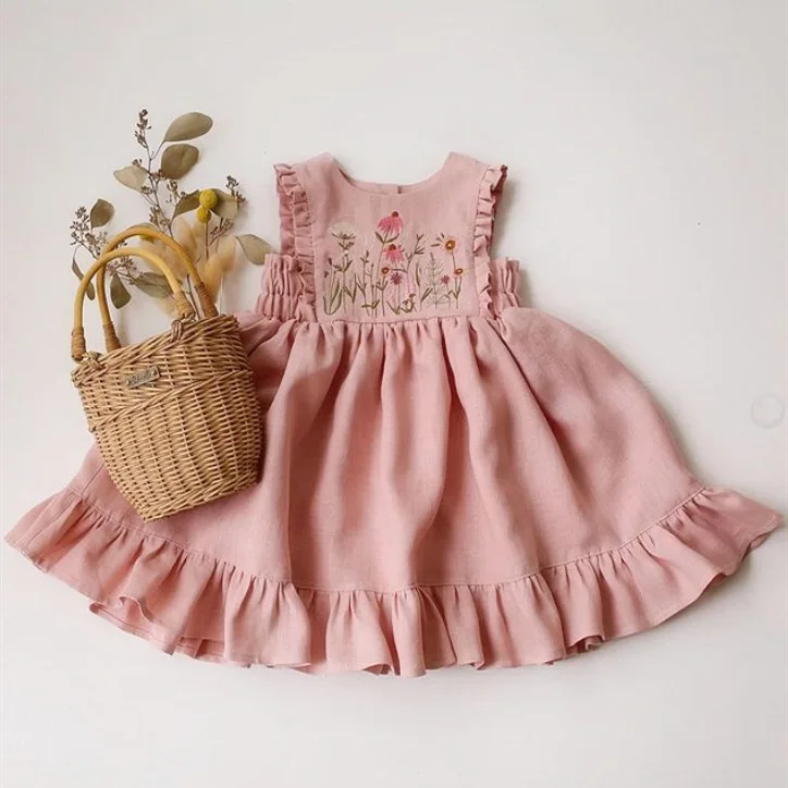 Girls Cotton and Linen Lotus Leaf Sleeveless Vest Dress Embroidered Princess Dress - Image 5