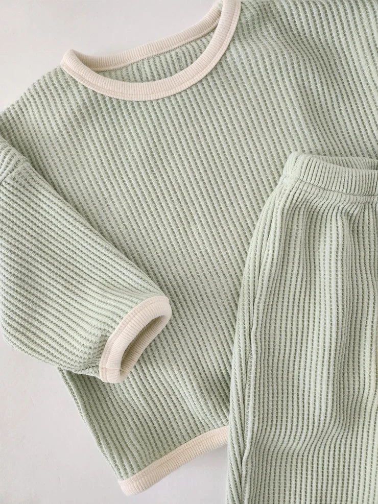 Custom Baby Toddler Lime Waffle Cotton Top and Jogger Pants Long Clothes Set Suit - Image 4