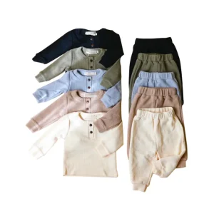 Custom Waffle Jogger Set Long Sleeve Button Solid Color Shirt Baby Kids Waffle Tracksuit Clothes Set