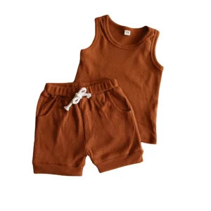 Custom Knitted Rib Cotton Solid Casual Sleeveless Unisex  Baby Clothing Sets for Summer