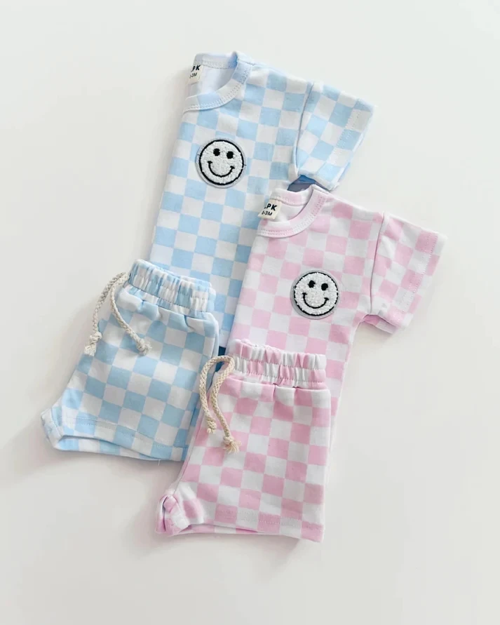 Checkerboard Print and a Little Smile Face Summer Baby Set Short Sleeve Shirt and Shorts Outfit - Image 6