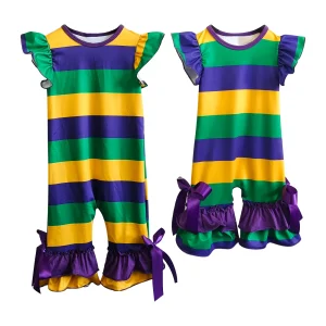 Mardi Gras Festival Milk Silk Purple Gold and Green Stripes Outfit Baby Girl Short Sleeve Onesie Ruffle Sleeve Romper