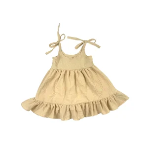 Girls Strap Cute Dress Sleeveless Crinkle Gauze Flared Zipper Dress Kids Muslin Cotton Tiered Midi Dress