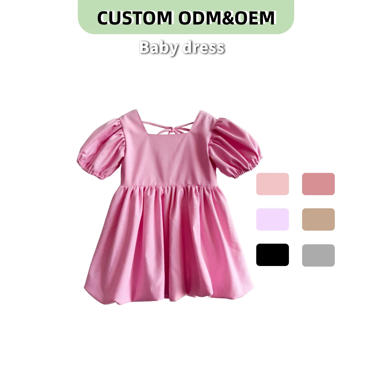 OEM Custom Baby Clothing Toddler Girls Cotton Linen Dress Bubble Sleeve Baby Girl Back Tie Dress Kid Casual Sundress