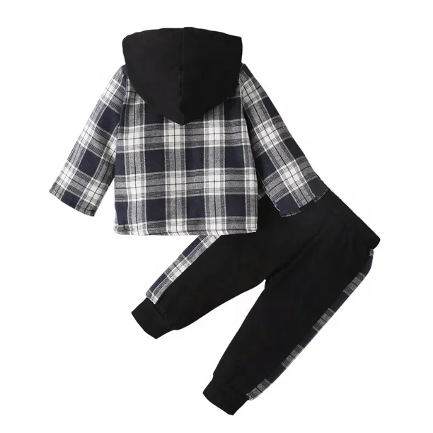 Custom Baby Kids Hoodie and Jogger Set Fall Flannel Plaid Coat with Pants Clothes Set - Image 2