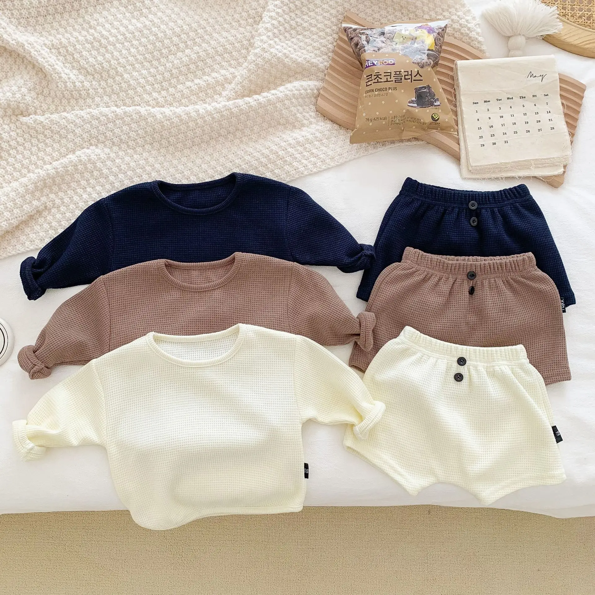 Ins Baby Long Sleeve Waffle Clothes Swoop Bottom Pullover Top Shorts Kids Casual Outwear - Image 6