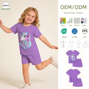 Soft Baby Summer Set Clothing Set Girls Silk Unicorn Print Pajama Set Short Sleeve Top & Elastic Waist Shorts Kids Loungewear