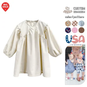 Factory Price Linen Full Sleeve Summer Girl Dresses for Girl Custom Color Casual Style V-Neck Age Children