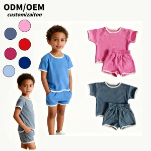 OEM Suit Set for Kids Summer Outfits Casual T Shirt and Shorts 2 Piece 100% Cotton Waffle Clothing Sets