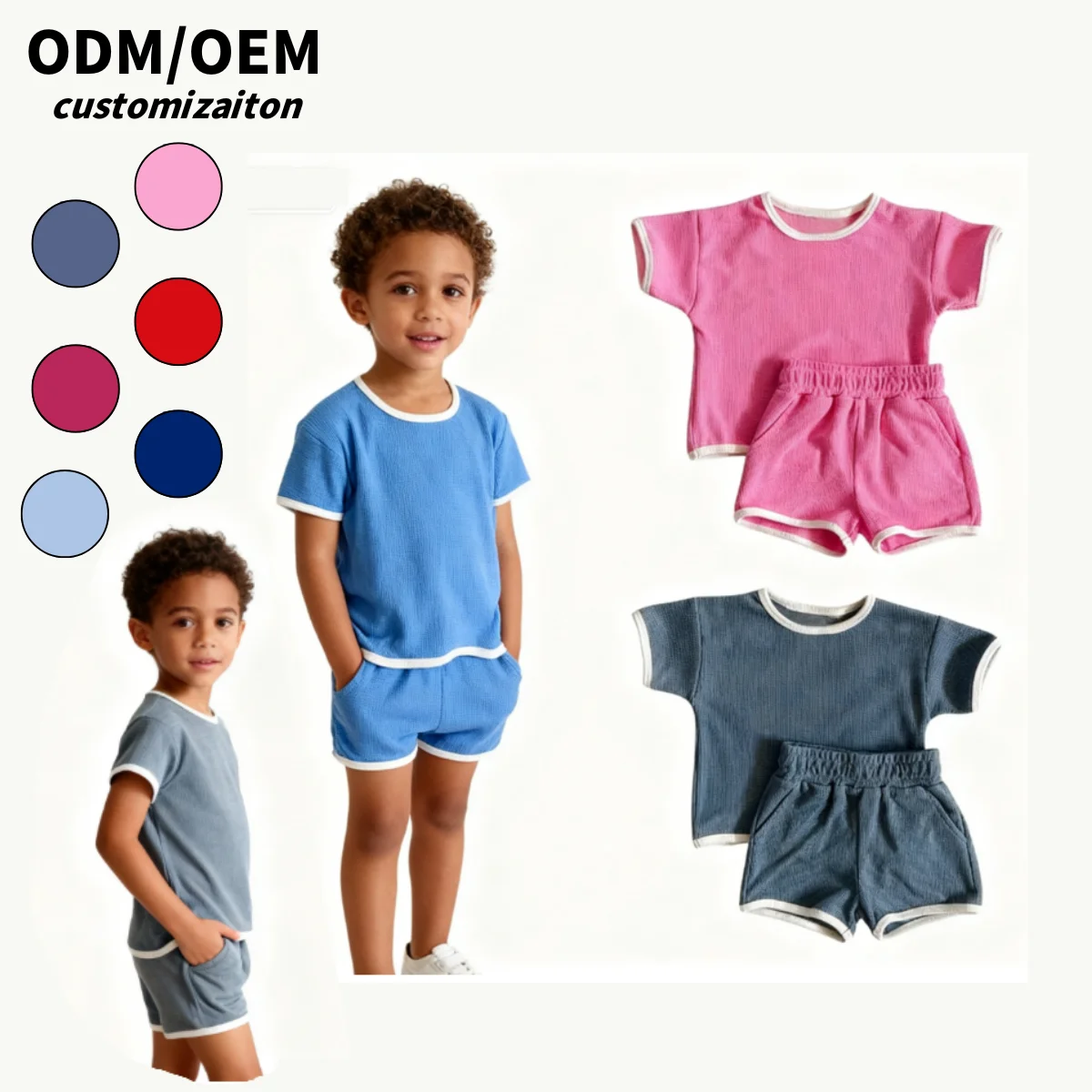 OEM Suit Set for Kids Summer Outfits Casual T Shirt and Shorts 2 Piece 100% Cotton Waffle Clothing Sets