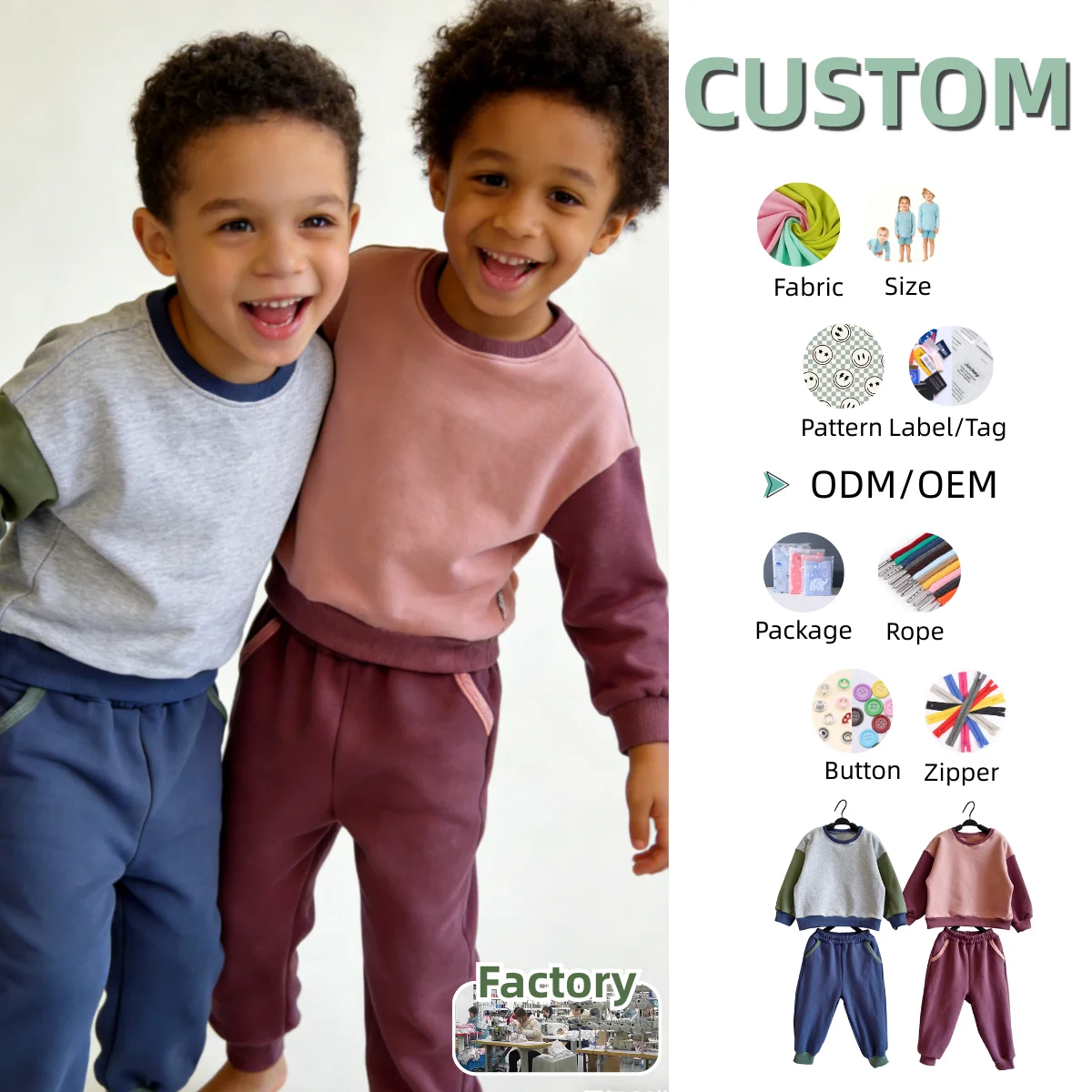 Custom Children's Sweatshirt Set Kids Clothes Set Spring and Autumn Baby Boys Kids' Faralon Color-matched Suit Set for 0-10T