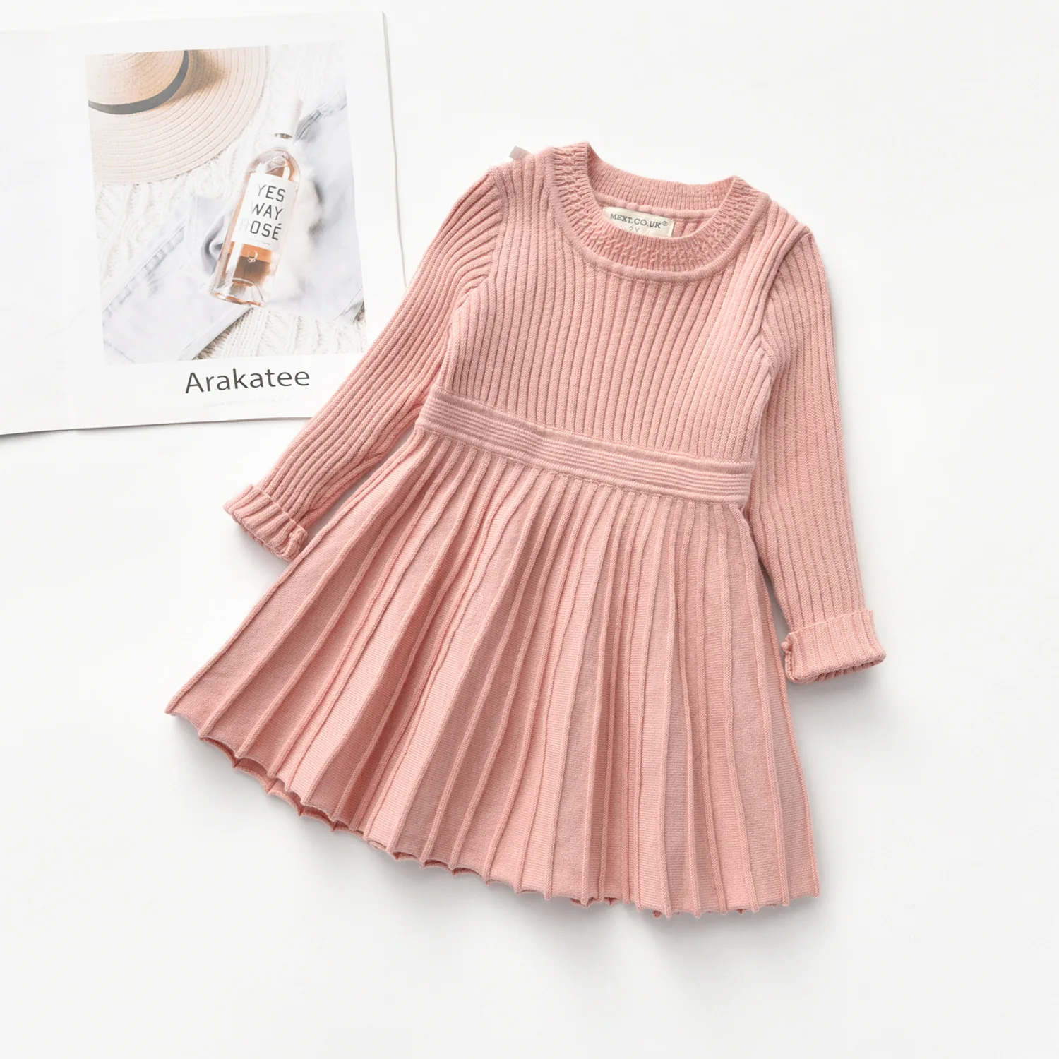 Wholesale New Style Girls Sweater Knitted Big Swing Skirt Pleated Bottoming Skirt Solid Color Dress - Image 5