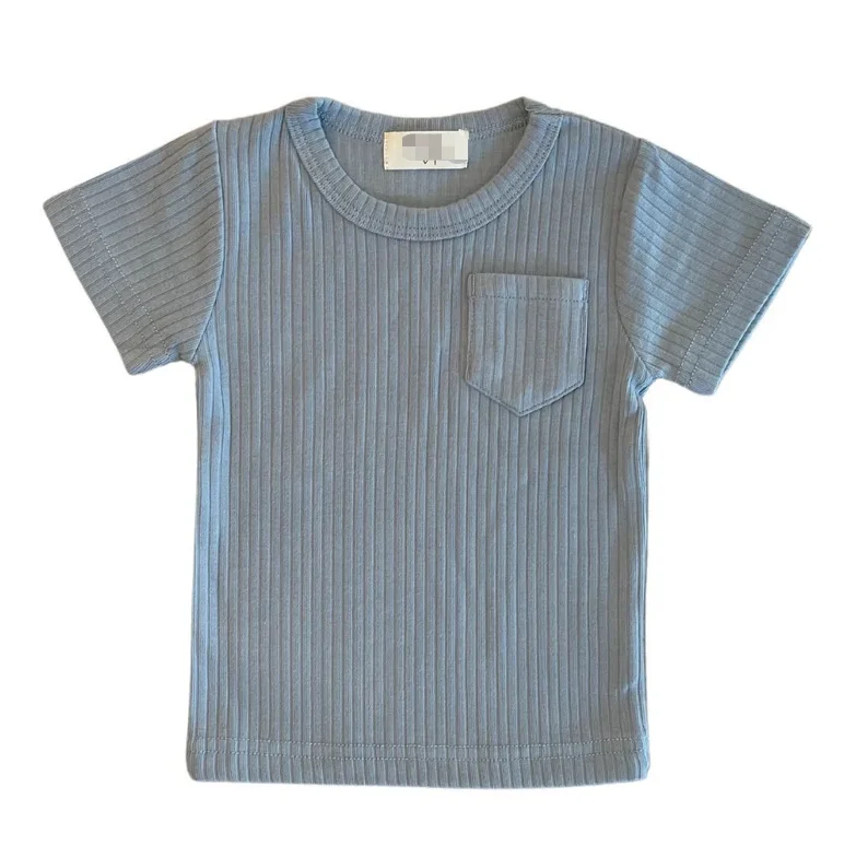 Hot Sale Ribbed Cotton Solid Color Short Sleeve Baby Tshirts with Pocket and Label for Summer - Image 6