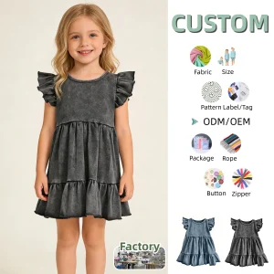 Summer Girls' Skirt Wholesale Acid Washed Dress Girl's Skirt Short Sleeve Skirt Pleated and Pieced Skirt Baby Short Dress
