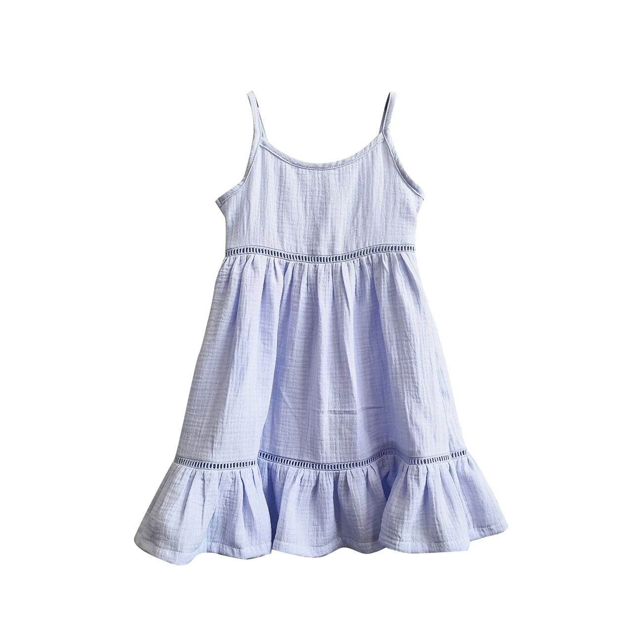 Girls Strap Lace Dress Sleeveless Crinkle Gauze Flared Kids Muslin Cotton Tiered Midi Dress - Image 5