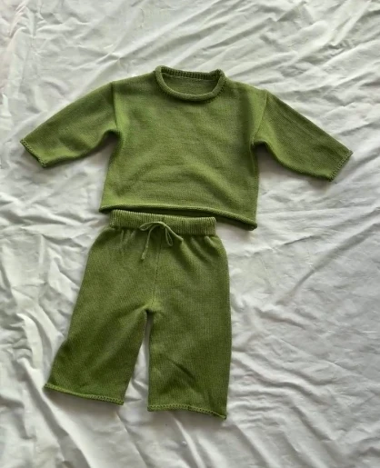 Cozy Unisex Kids 100% Cotton Oversize Knitted Outwear Set 2pcs Pullover Wide Leg Pants Casual Style - Image 2