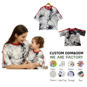 Mommy and Me Matching Tie-dye French Terry Short Sleeve Shirt Shoulder Strap Casual Top