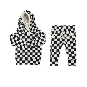 Autumn Hot Sale  Checkerboard Print Long Sleeve Hoodies Pocket Long Sleeve Sweatshirts and Pants Toddler Boy Hoodie Clothes Set