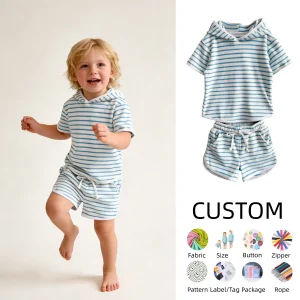 OEM Kids Clothes Set Toddler Baby Summer Clothes Short Sleeve Stripe Tops+Short Pants Terry Two Piece Solid Outfit Set