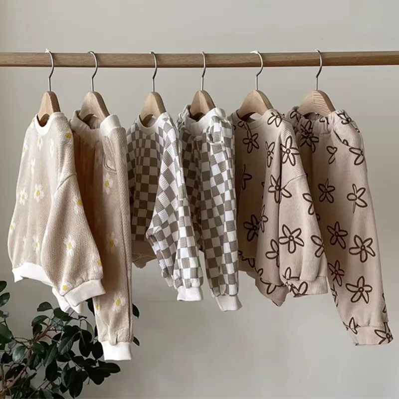 Wholesale Toddler Spring Autumn Custom Print Pattern Waffle Cotton Baby Clothes Long Sleeve Casual Set - Image 2