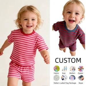 OEM Kids Clothes Set Toddler Baby Boy Girl Outfit Striped Waffle Knit Short Sleeve T-Shirt Shorts Set Summer Clothes