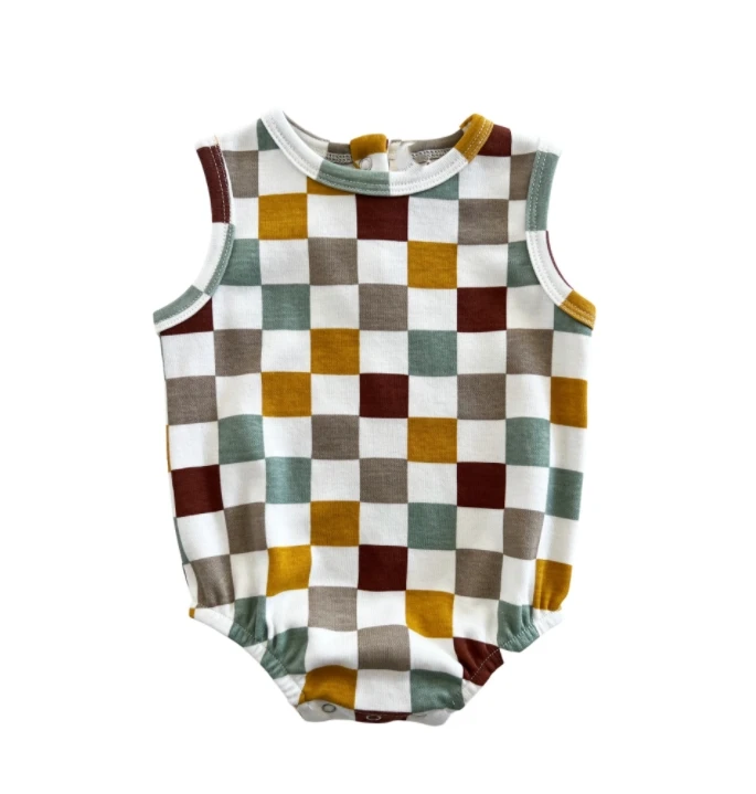 Baby Sleeveless Checkered Romper Custom Print Knitted Cotton Pattern Onesie Toddler Checked Playsuit