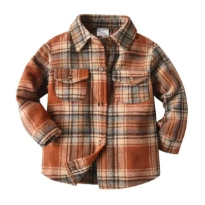 Custom Fall Plaid Long Sleeve Baby Kids Shirt Turn Down Coat Button Outwear