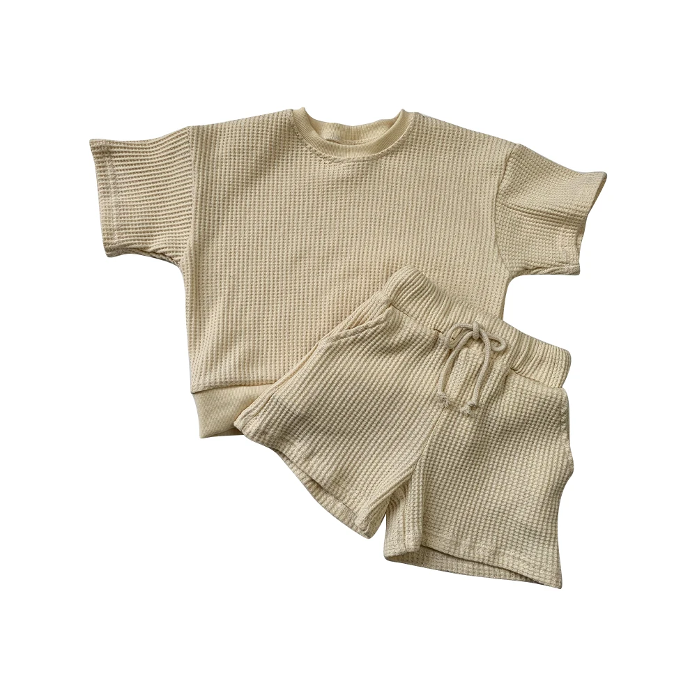 Factory Price Waffle Cotton Solid Color Short Sleeve Fallow Baby Clothing Sets for Summer - Image 2