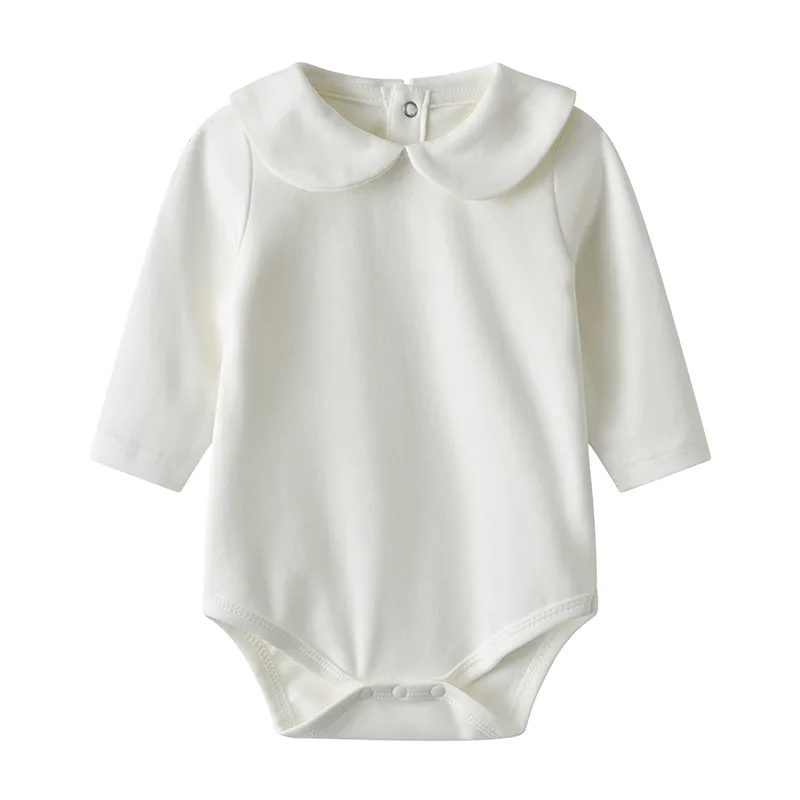 Baby Infant Solid Back Button Rompers Winter 100% Cotton Newborn Girls Peter Pan Collar Organic Cotton Bodysuit - Image 3