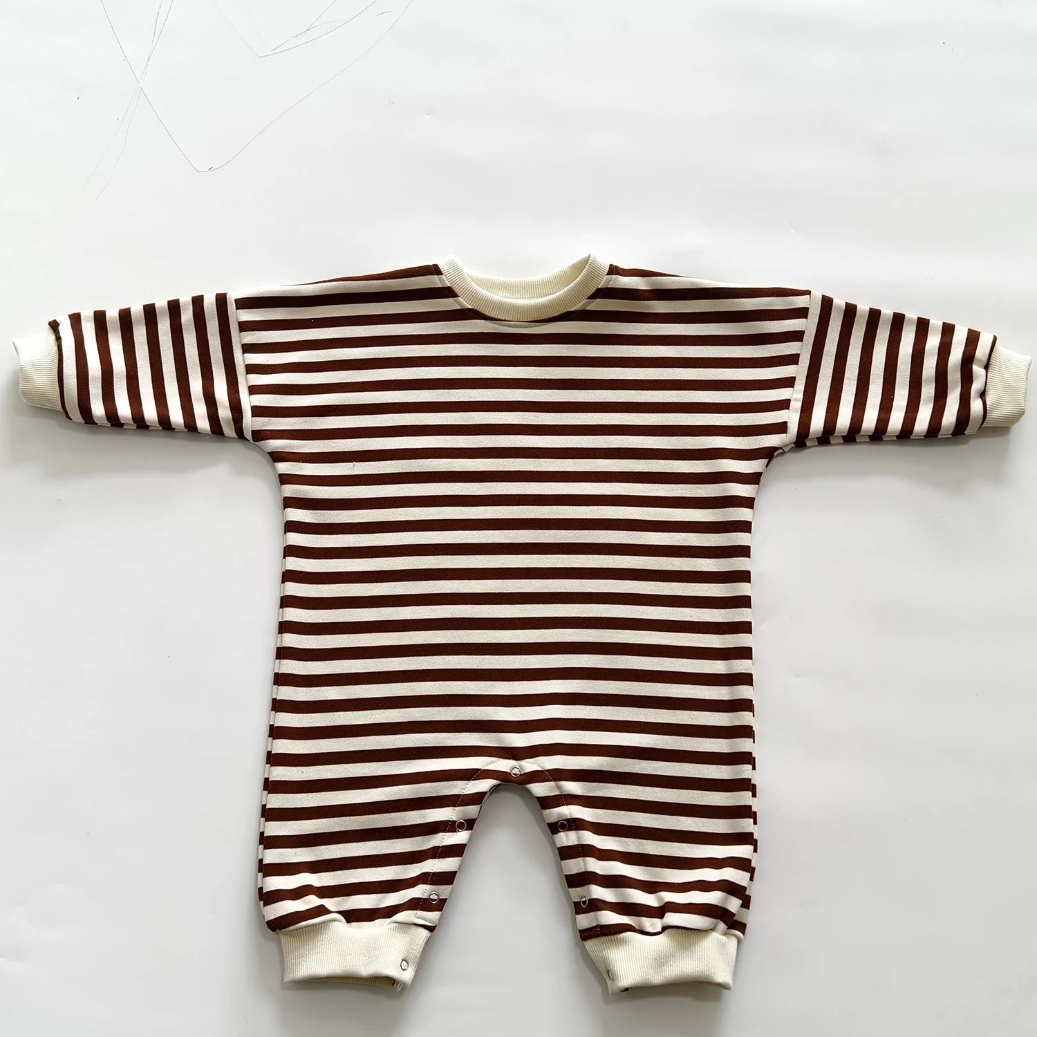320gsm 100% Cotton Spring/Autumn Baby French Terry One-Piece Stripe Pattern Oversized Long Sleeves Romper - Image 4