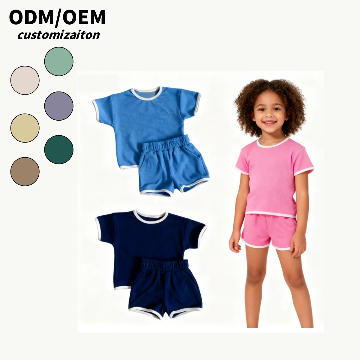 OEM Suit Set for Kids Summer Outfits Casual T Shirt and Shorts 2 Piece 100% Cotton Waffle Clothing Sets - Image 2