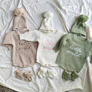 Newborn Cozy Unisex Baby 100% Cotton Knitted 3 Pieces Set Long Sleeve Button Romper Newborn Baby Gift Baby Clothing